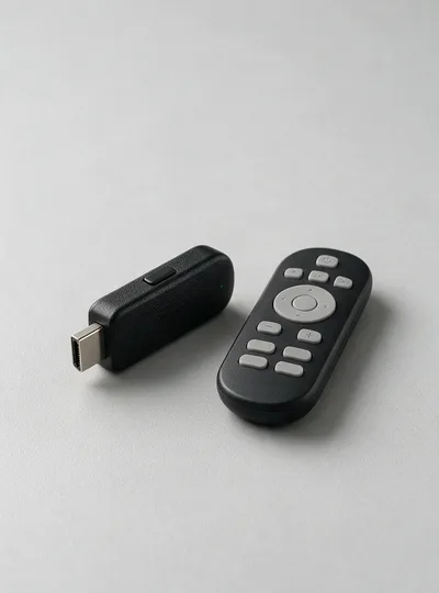 Fire TV Stick and its remote, ready for the Xtreme IPTV app install
