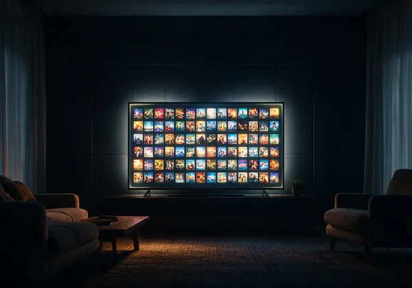 On-demand grid on a 4K screen showing part of the Xtreme IPTV film catalogue