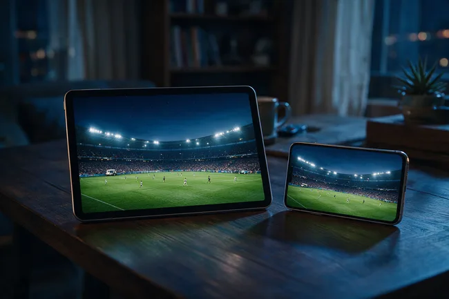 Tablet and phone side by side, both carrying a live Xtreme IPTV stadium feed
